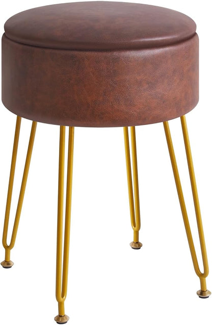 IBUYKE Faux Leather Round Footrest Stool with Storage Ottoman, Makeup Vanity Chair Side Table, PU Dressing Table Seat, Removable Cover, Golden Steel Legs, Dark Brown WBD024Z
