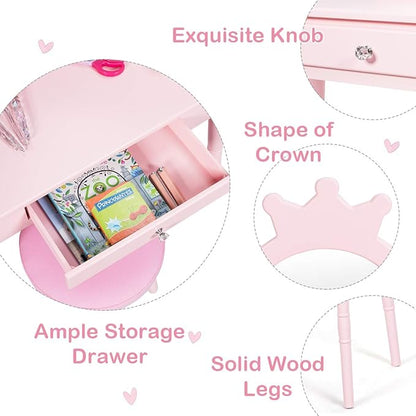 Costzon Kids Vanity Set, Wooden Princess Makeup Table with Cushioned Stool, Large Drawer, Solid Wooden Legs and Crown Mirror, Pretend Beauty Make Up Dressing Play Set for Girls Best Gift (Pink)