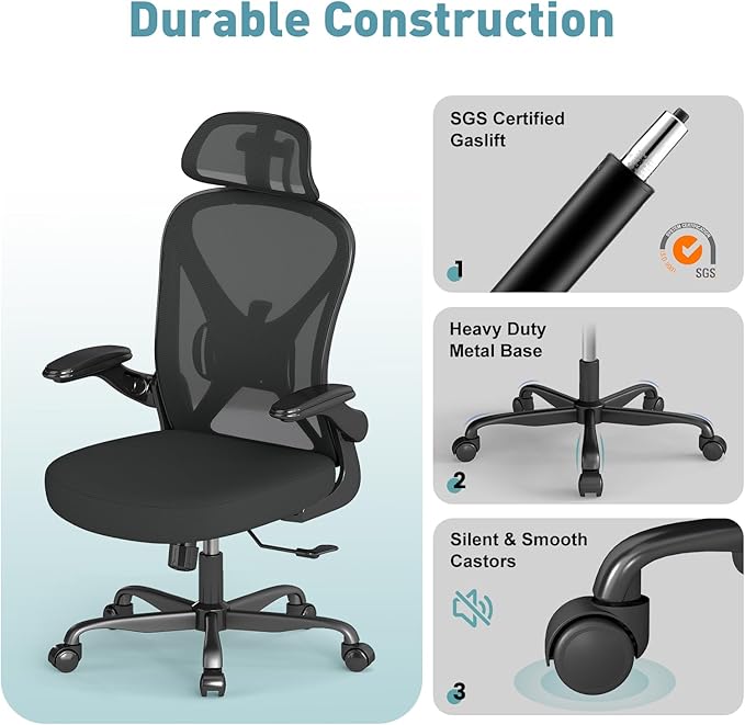 ZZH Ergonomic Office Chair Set of 6 with Adjustable Lumbar Support and Headrest, Mesh Home Office Desk Chair with Wheels and Flip-up Arms, Black