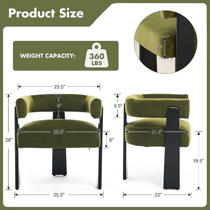 Modern Dining Chairs Set of 6, Upholstered Velvet Barrel Accent Chairs with Backrest & Arms, Wide and Thicker Padded Kitchen Side Chair with Wooden Legs for Dining Room, Livingroom, Dark Green