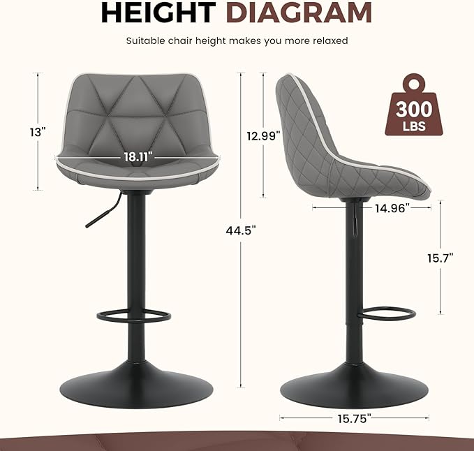 Nalupatio Bar Stools Set of 2, Adjustable Swivel Counter Height Bar Stools with Back, Armless Modern Barstools for Kitchen Island & Home Bar, Upholstered Seat,（Grey）
