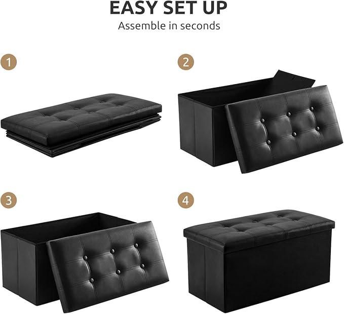 YOUDENOVA 30 inches Folding Storage Ottoman, 85L Storage Ottoman Bench for Living Bedroom and Hallway, Faux Leather Black Footrest with Foam Padded Seat, Black