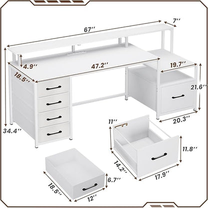SEDETA White Computer Desk with 5 Drawer & Power Outlet, 66'' Home Office Desk with File Drawer, Storage Shelves, Printer Cabinet and Monitor Shelf, Gaming Desk with Led Lights