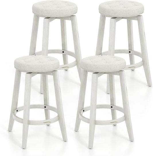 COSTWAY 360° Swivel Bar Stools Set of 4, 26-inch Height Vintage Upholstered Rubberwood Backless Bar Chairs with Footrest, Retro Kitchen Counter Stools for Kitchen Island Dining Room Home Bar, White