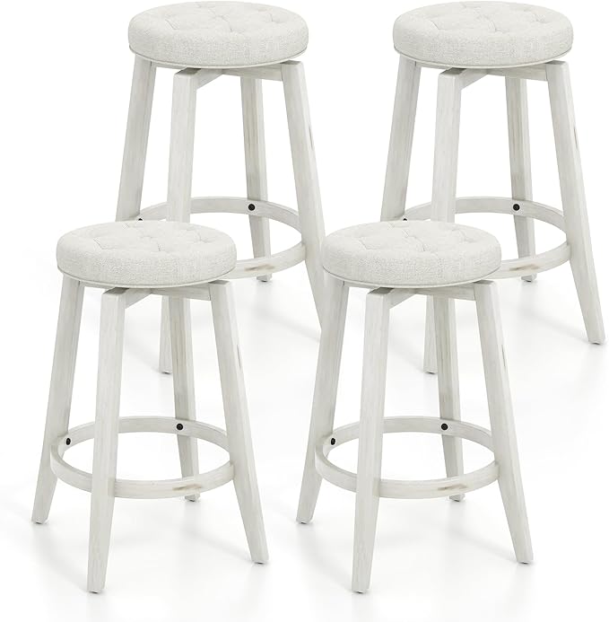 COSTWAY 360° Swivel Bar Stools Set of 4, 30-inch Height Vintage Upholstered Rubberwood Backless Bar Chairs with Footrest, Retro Kitchen Counter Stools for Kitchen Island Dining Room Home Bar, White