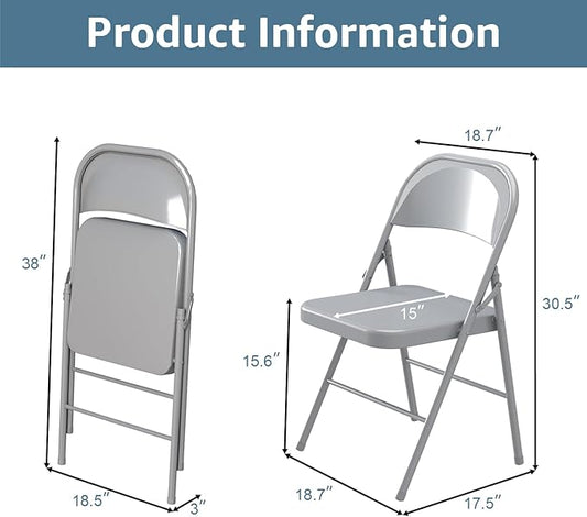 V&LX 4-Pack Double Hinged Chair 30" Metal Folding Steel Chairs Foldable Chair 4 Pack for Wedding Office Meeting Party Patio Outdoor Events, Set of 4,Grey