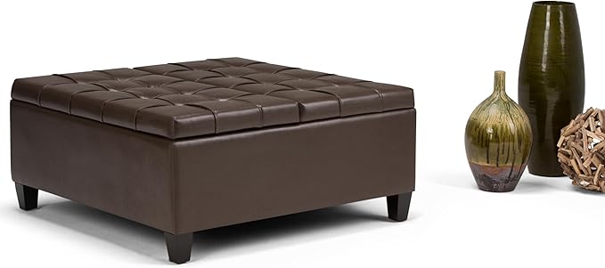SIMPLIHOME Harrison 36 inch Wide Transitional Square Coffee Table Storage Ottoman in Chocolate Brown Vegan Faux Leather, Assembled, For the Living Room and Bedroom