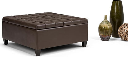 SIMPLIHOME Harrison 36 inch Wide Transitional Square Coffee Table Storage Ottoman in Chocolate Brown Vegan Faux Leather, Assembled, For the Living Room and Bedroom
