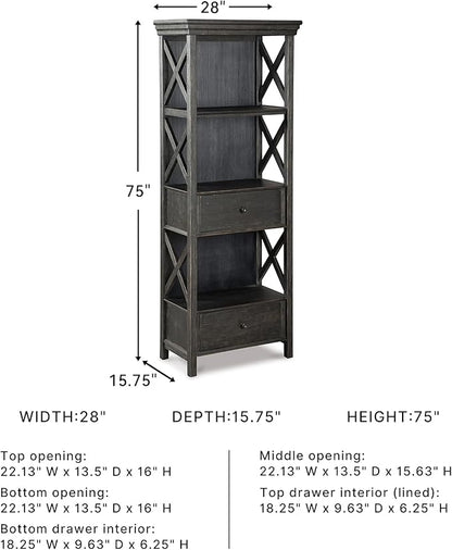 Signature Design by Ashley Tyler Creek Casual Farmhouse 75" Display Cabinet or Bookcase with Drawers and Shelf, Open Lattice Sides, Wood, Gray Black Finish