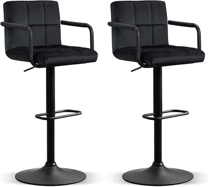 Furniliving Adjustable Barstools with Back, Black bar stools Set of 2, Velvet 360°Swivel Bar Stools, Double Stitching Counter Stools for Kitchen, Bar (Black)