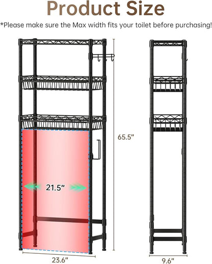 3-Tier Over-The-Toilet Storage Shelf,Heavy-Duty Adjustable Bathroom Rack with 2 Mesh Baskets,Toilet Paper Holder & Hooks,Space-Saving Organizer for Bathroom,10”D x 24”W x 66”H,Black