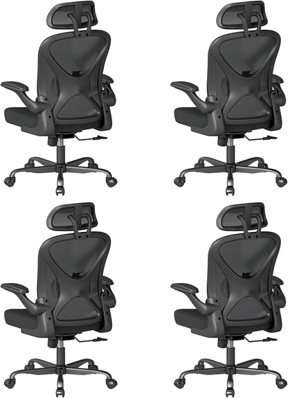 ZZH Ergonomic Office Chair Set of 4 with Adjustable Lumbar Support and Headrest, Mesh Home Office Desk Chair with Wheels and Flip-up Arms, Black
