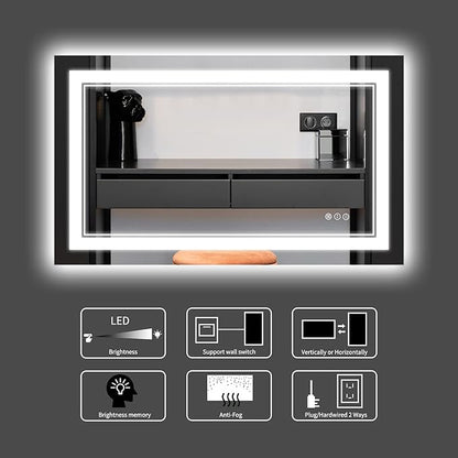 44 x 30 Inch LED Bathroom Mirror, Front Light and Backlit Lighted Vanity Mirror, Anti-Fog, Dimmable Memory, Shatterproof, Wall-Mounted