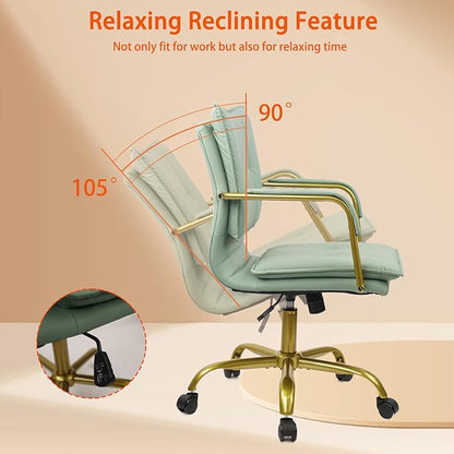 CLATINA Leather Home Office Desk Chairs, Swivel Mid-Back Computer Chair with Golden Legs and Arms, Comfy Upholstered Task Chair with Wheels, Green