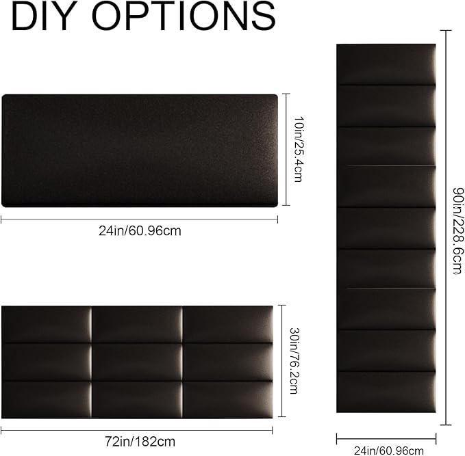 Upholstered Wall Mounted Headboard, 3D Soundproof Wall Panels Peel and Stick Headboard for King Size, Headboard for Adjustable Bed, Tufted Headboard, Black(12 Panels, 10" x 24")