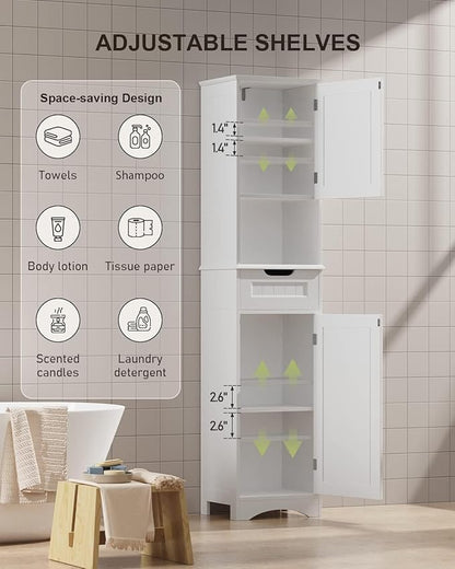 Gizoon 67" H Tall Bathroom Cabinet, Storage Cabinet with 2 Doors & Drawer, Narrow Bathroom Storage Cabinet Freestanding Adjustable Shelves for Home, Kitchen, Versatile, Anti-Tipping, White