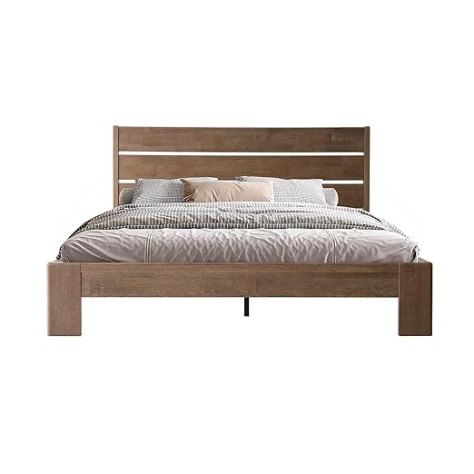 Queen Size Bed Frame with Headboard & Footboard, Solid Wood Platform Bed, Metal Legs, 12 Durable Slatted Structure, No Box Spring Needed, Anti-Slip & Noise-Free, Easy Assembly, Barnwood Finish, QIQ-30