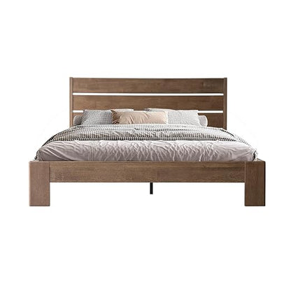 Queen Size Bed Frame with Headboard & Footboard, Solid Wood Platform Bed, Metal Legs, 12 Durable Slatted Structure, No Box Spring Needed, Anti-Slip & Noise-Free, Easy Assembly, Barnwood Finish, QIQ-30