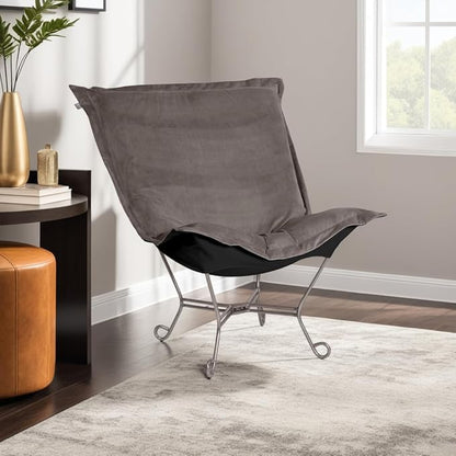 Howard Elliott Scroll Puff Rocker Seating Chair With Cover, Multipurpose Alternate Seating Butterfly Chair with Titanium Frame, Patio Furniture for Camping, Home, Indoor & Outdoor, Bella Pewter