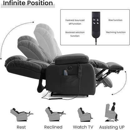 TEKAMON Power Lift Recliner Chair for Elderly with Heat & Massage, Dual Motor Breathable Leather Recliner, Lay Flat Sleeping Chairs with Infinite Position, Remote Control & USB Type-c Ports(Black)