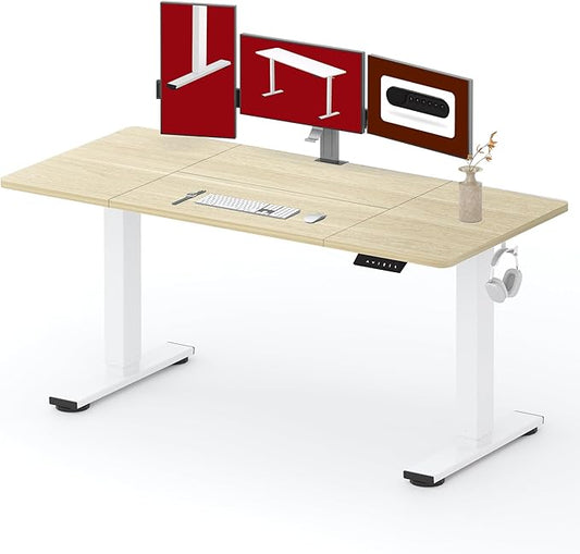 SANODESK Standing Desk Height Adjustable Electric Stand up Desk 63x32 Inches Sit Stand Home Office with Splice Board, White Frame/White Wood Grain