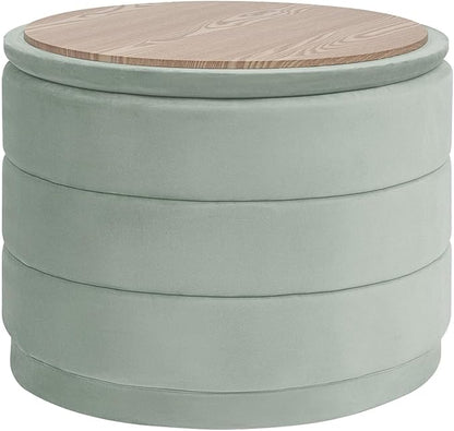 PINPLUS Large Round Velvet Storage Ottoman, Sage Upholstered Footstool with Hidden Storage, Sturdy Coffee Table Ottoman for Living Room & Bedroom