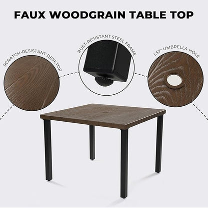 Grand patio 5-Piece Outdoor Dining Set for 4, Metal Woven Wicker Swivel Patio Chairs with Thickened Cushions & 1 Square Woodgrain Dining Table with Umbrella Hole for Backyard Deck (Natural)