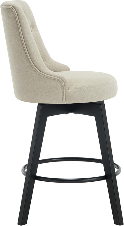 MINCETA Set of 4 Upholstered Bar Stools - 26 Inch Swivel Counter Height Stools with Low Tufted Back, Footrest & Performance Fabric - Khaki Round Seat for Kitchen Island & Home Bar