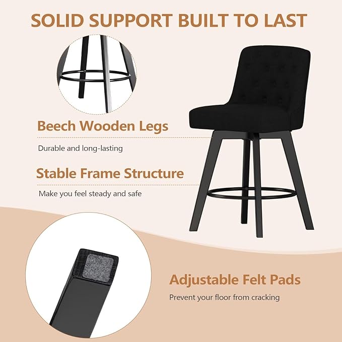 MINCETA Bar Stools Set of 2, 26 Inch Upholstered Barstools with Low Tufted Back and Footrest, Swivel Counter Height Barstools for Kitchen Island Home Bar Performance Fabric Black