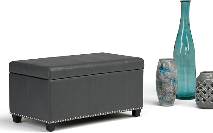 SIMPLIHOME Amelia 33 inch Wide Transitional Rectangle Storage Ottoman Bench in Stone Grey Vegan Faux Leather, Assembled, For the Living Room, Entryway and Family Room