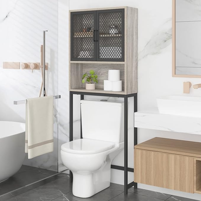 Launica Bathroom Space Saver, Over The Toilet Storage Cabinet, Metal and Wood Industrial Organizer Stand Above Toilet, Freestanding Rack Behind Toilet Wtih Shelf, Light Grey Oak