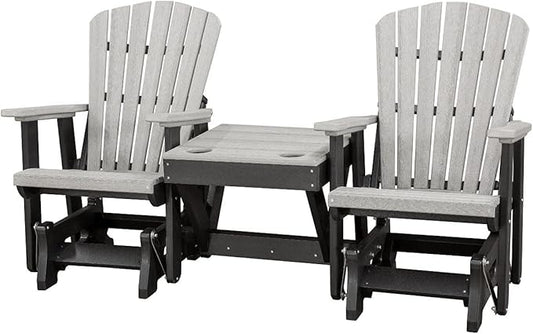 DutchCrafters Slat Fan Back Double Poly Adirondack Glider Outdoor Patio Chairs with Center Table (Black & Light Gray)