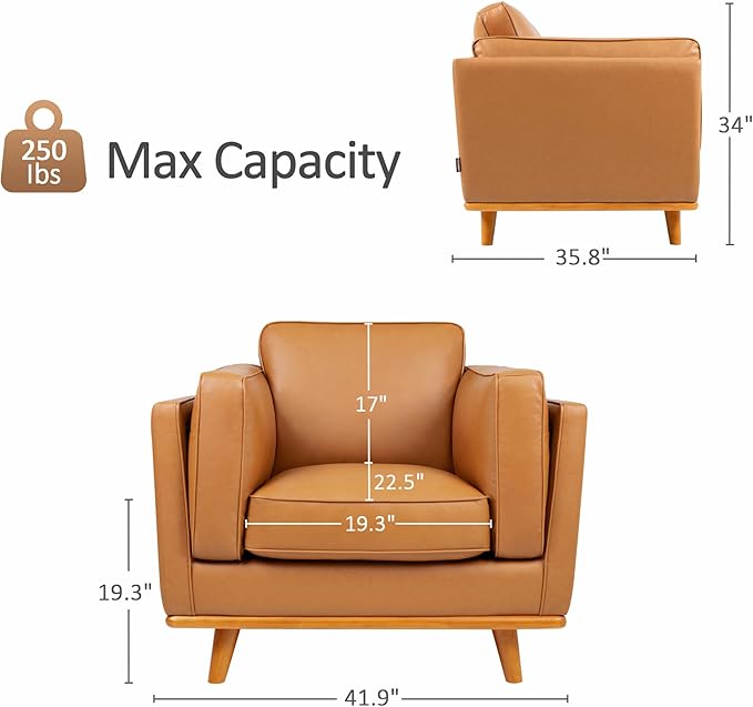 MCombo Napa Leather Accent Chair, 41.9'' Wide Leather Chair for Living Room, Office, Solid Wood Accent, VE792 (Cognac Tan)