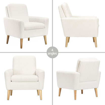 Lohoms White Accent Chair Set of 2 for Living Room, Fluffy Comfy Reading Leisure Chairs for Bedroom, White Teddy Upholstered Sherpa Armchair for Apartment, Small Boucle Sofa Chair with Wood Legs