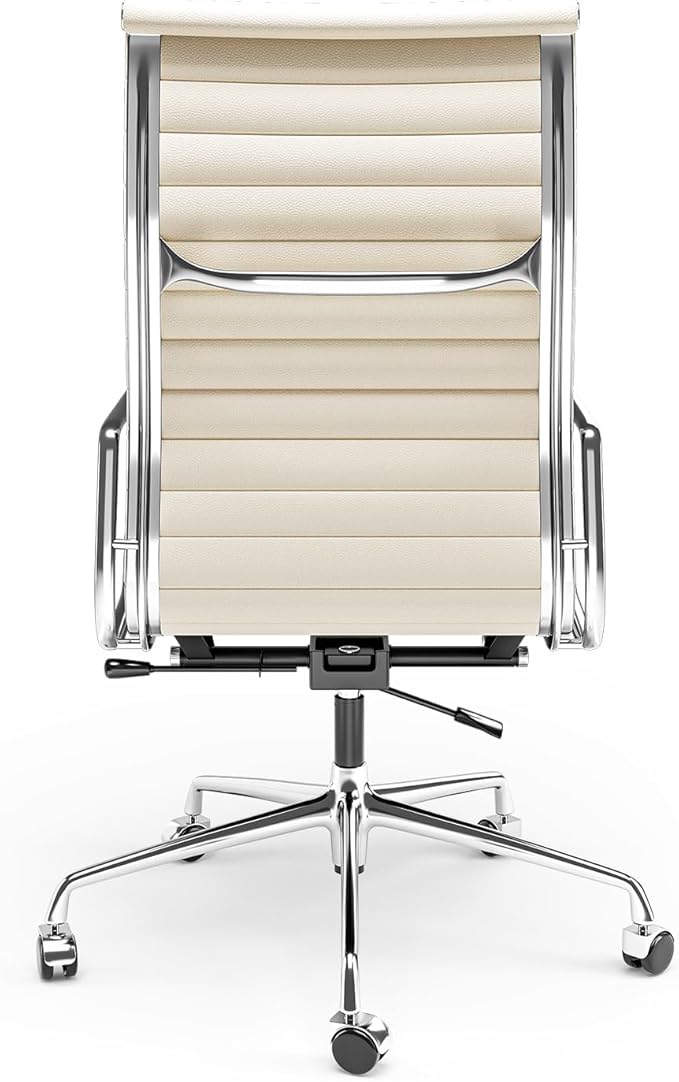 High Back Genuine Leather Ribbed Office Chair-Ergonomic Desk Chair with Aluminum Alloy Armrest & Frame, Swivel Silent Wheels & Tilt Function, Adjustable Height