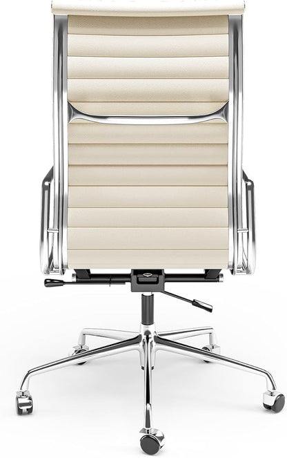 High Back Genuine Leather Ribbed Office Chair-Ergonomic Desk Chair with Aluminum Alloy Armrest & Frame, Swivel Silent Wheels & Tilt Function, Adjustable Height
