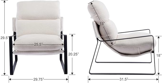 Mid-Century Accent Chair Set of 2, Comfy Sherpa Fabric Side Chair with Armrest, Upholstered Leisure Chair with Black Metal Frame for Living Room Bedroom Reception Room, White