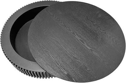 39.37'' Round Coffee Table for Living Room, Fluted Coffee Table with Hidden Storage, Solid Wood Veneered Circle Table, Modern Tea Table for Small Space Apartment (Black)
