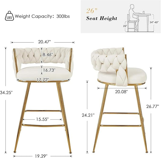 VECELO Bar Stools Set of 4, Counter Height Bar Stools, 26 inch Seat Barstools with Woven Back and Footrest for Kitchen Island Counter, White