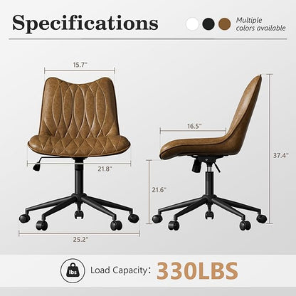 Armless Desk Chair, Armless Office Chair with Wheels, Small Desk Chair No Arms for Home Office, Swivel Vantiy Chair with Backs for Bedroom, Rolling Task Chair for Small Space, Brown
