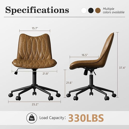 Armless Desk Chair, Armless Office Chair with Wheels, Small Desk Chair No Arms for Home Office, Swivel Vantiy Chair with Backs for Bedroom, Rolling Task Chair for Small Space, Brown