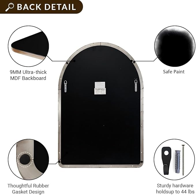 ANDY STAR Arched Mirror, 24" x 38" Brushed Nickle Bathroom Mirror in Stainless Steel Metal Frame, Arch Top Rounded Corner 1" Deep Set Design Wall Mount Hangs Vertical