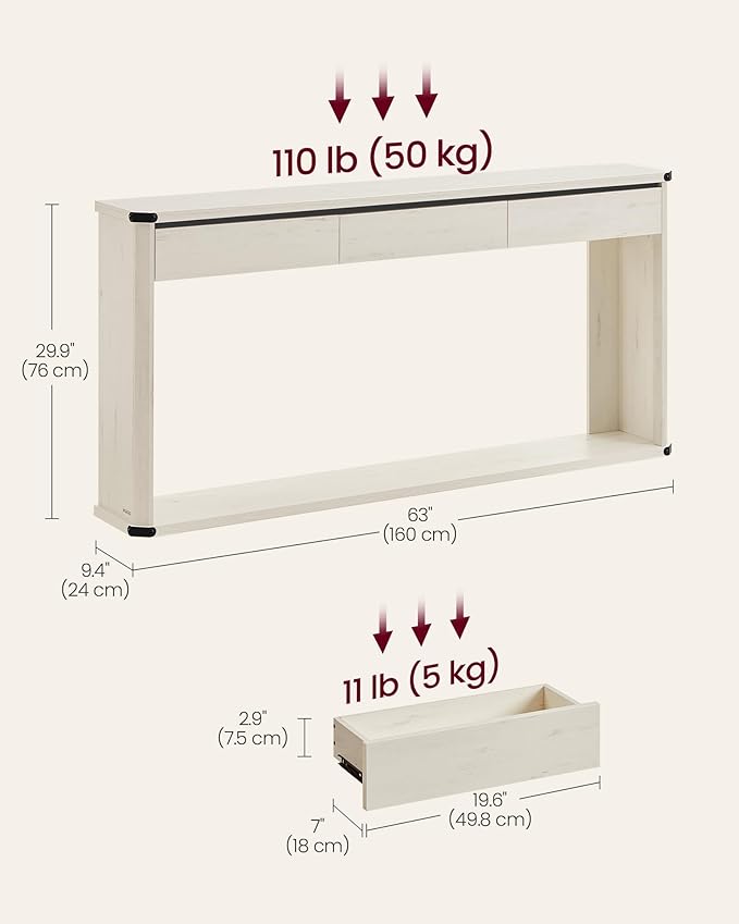 VASAGLE Console Table, 63 Inches Sofa Table, Narrow Entryway Table, Entry Table with 3 Drawers, Bottom Shelf, Metal Corners, for Living Room, Bedroom, Farmhouse Style, Rustic White ULNT146W73