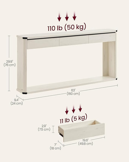 VASAGLE Console Table, 63 Inches Sofa Table, Narrow Entryway Table, Entry Table with 3 Drawers, Bottom Shelf, Metal Corners, for Living Room, Bedroom, Farmhouse Style, Rustic White ULNT146W73