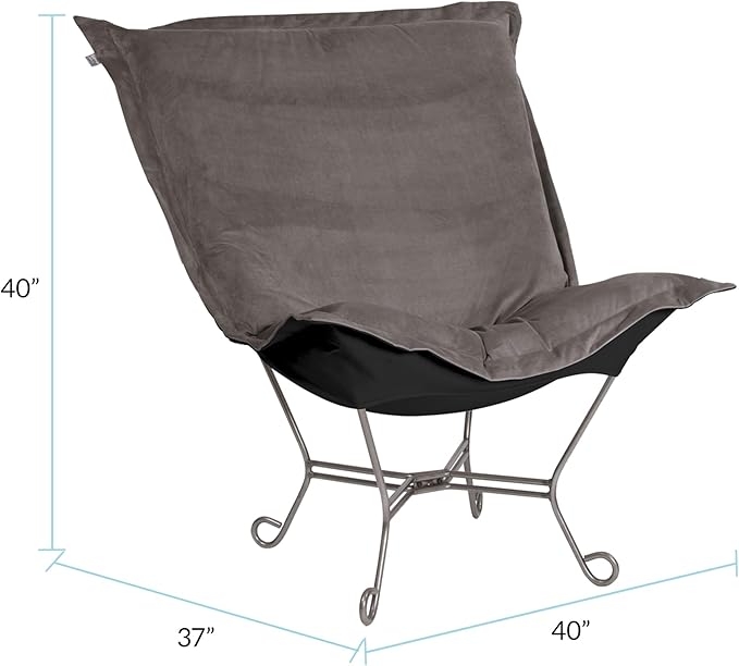 Howard Elliott Scroll Puff Rocker Seating Chair With Cover, Multipurpose Alternate Seating Butterfly Chair with Titanium Frame, Patio Furniture for Camping, Home, Indoor & Outdoor, Bella Pewter