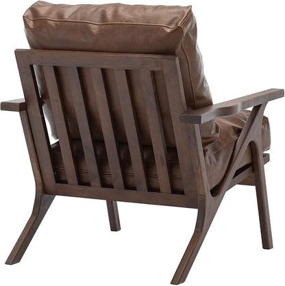 Wahson Brown Leather Accent Chair Mid Century Modern Chair, Retro Upholstered Armchair with Wood Frame and Removable PU Cushions, Large Compfy Leisure Slipper Chair for Living Room/Bedroom