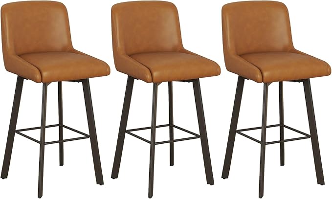 Swivel Counter Height Bar Stools Set of 3, 30''H Upholstered Barstools with Backs, Modern Bar Stool Chairs for Kitchen Island, Metal Legs, Faux Leather, Whiskey Brown Stools Counter Chair