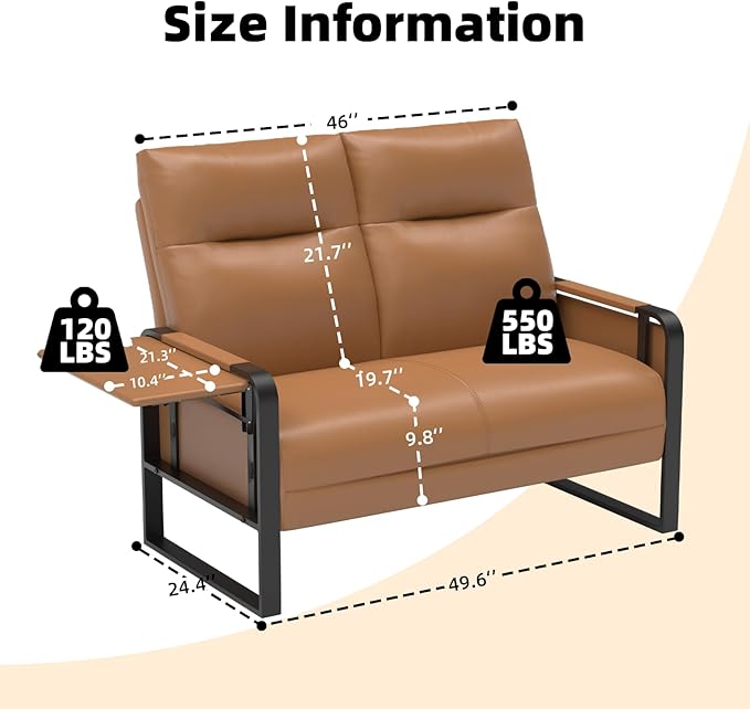 Modern Leather Loveseat, Small Sofa with Side Tray & Pocket, Upholstered Mini Couch for Living Room, Office, Guest Room, Brown