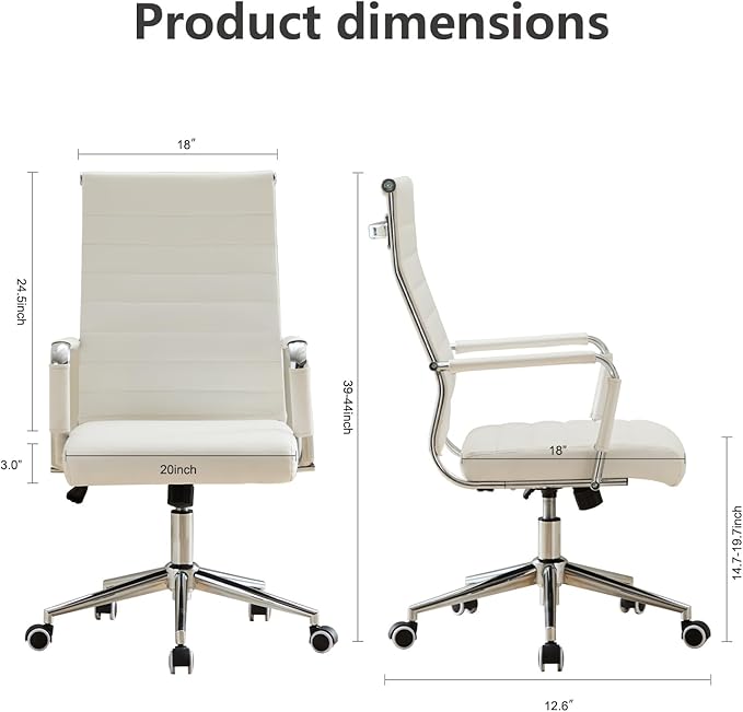 Office Desk Chair Leather, Conference Room Chairs with Wheels, Executive Modern High Back Ergonomic Swivel Rolling Ribbed Computer Chair（White）