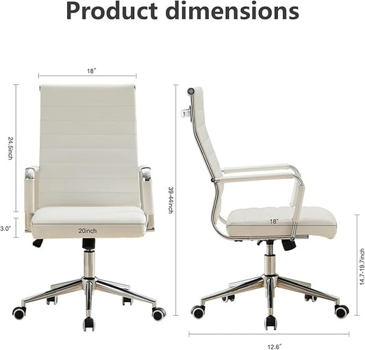 Office Desk Chair Leather, Conference Room Chairs with Wheels, Executive Modern High Back Ergonomic Swivel Rolling Ribbed Computer Chair（White）